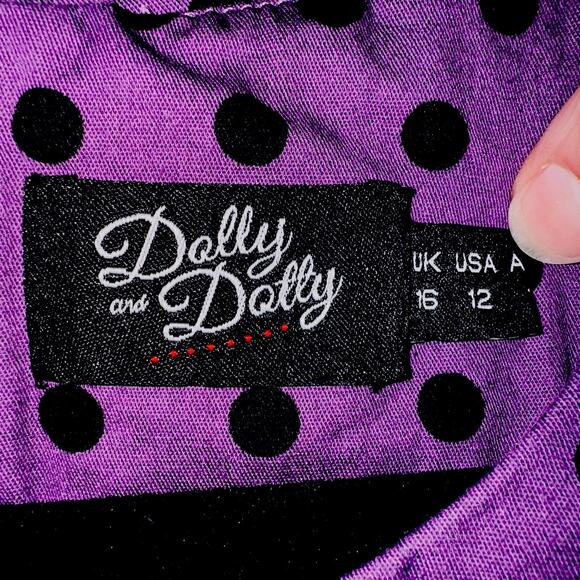 Dolly & Dotty Dress 12 Purple Black Polka Dots Pleat Rockabilly Fit Flare Pocket - Picture 5 of 6